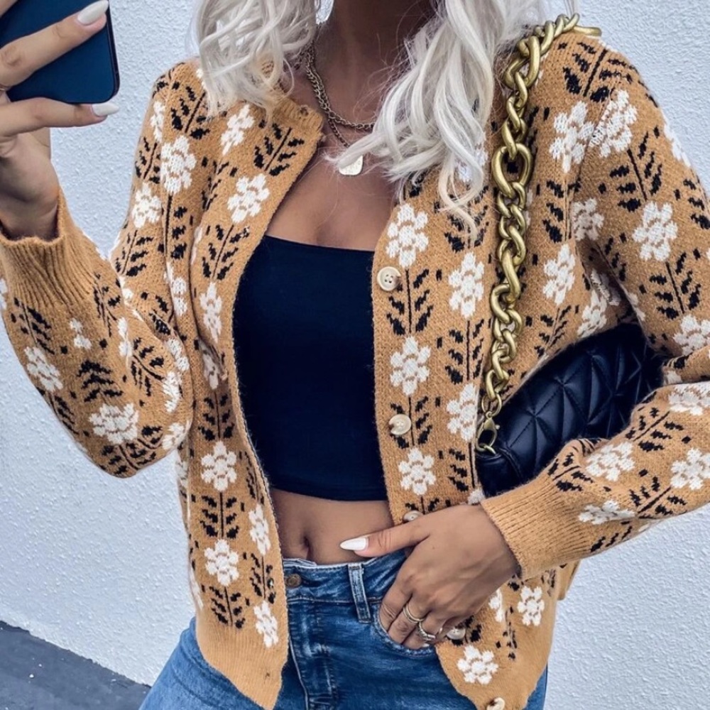 SOLD OUT Khaki Retro Boho Floral Button Up Knit Cardigan - Picture 1 of 3